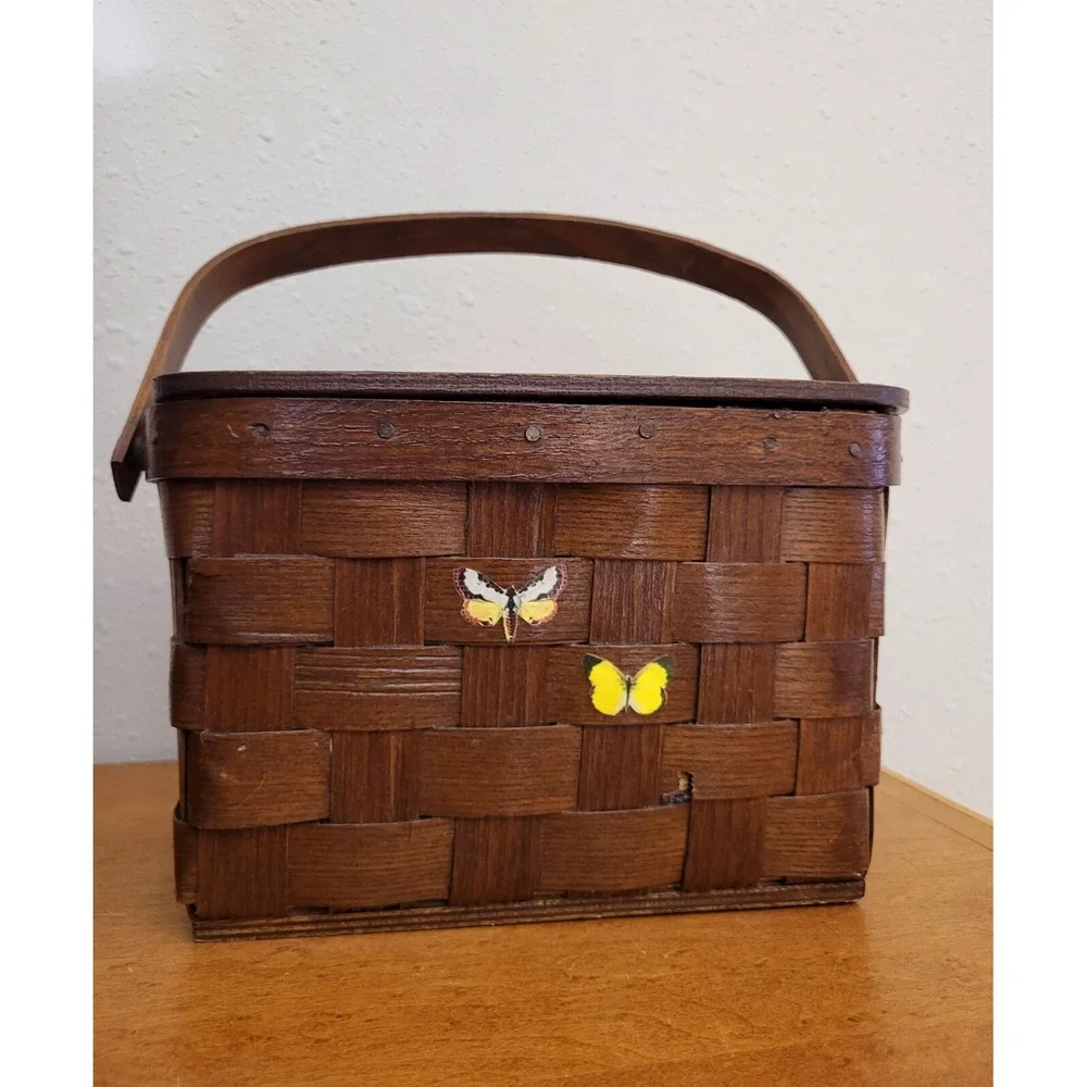 Vtg‎ 70's Decoupage Purse Basket Basketville Woven Hickory Handle Putney Vermont